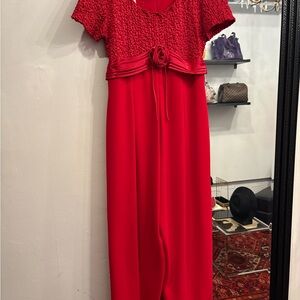 Red Short-Sleeve Jumpsuit with Rosette Waist